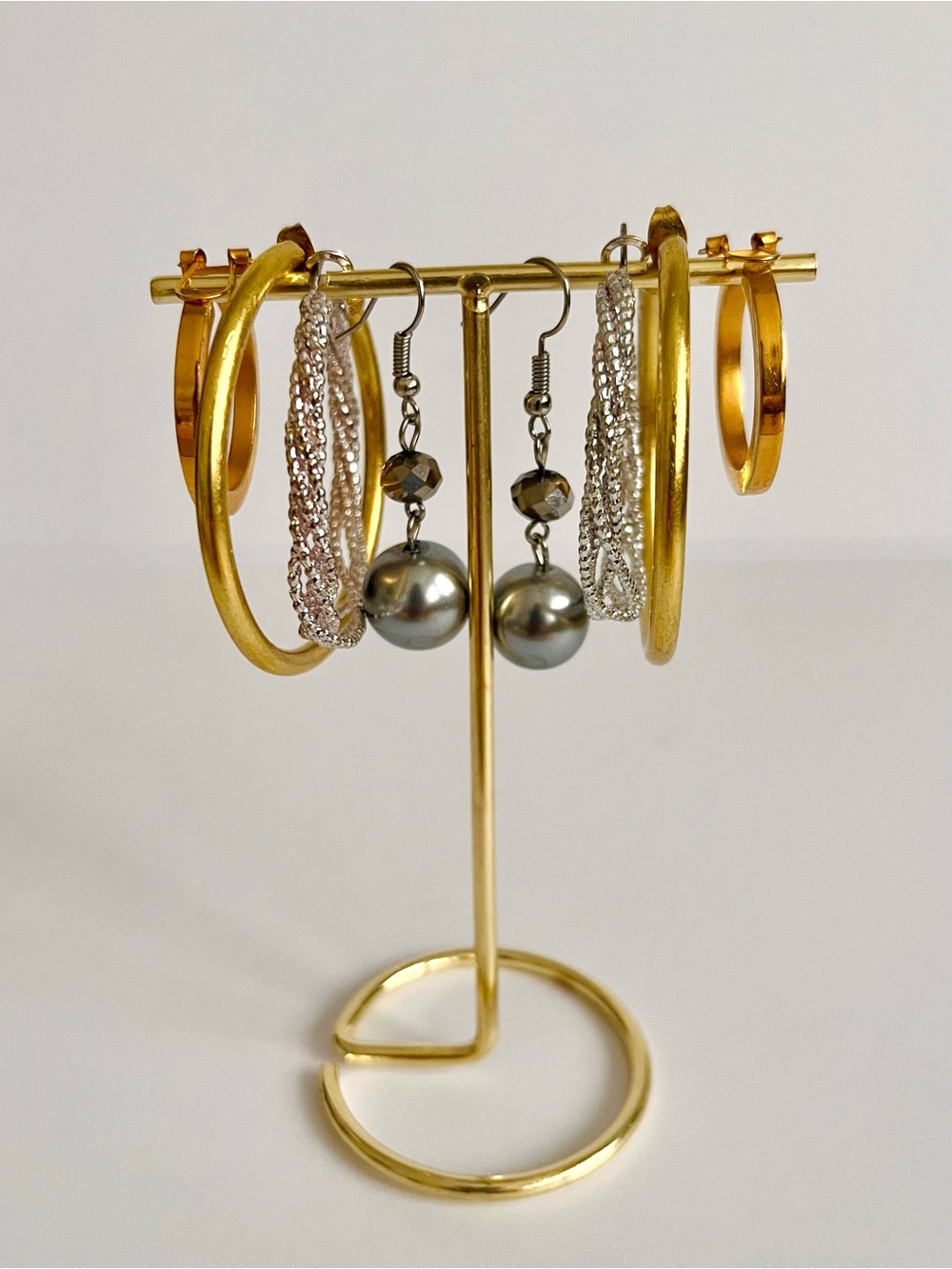 Lot of 4 Statement Earrings - Gold & Silver Hoops with Grey Pearl Dangles